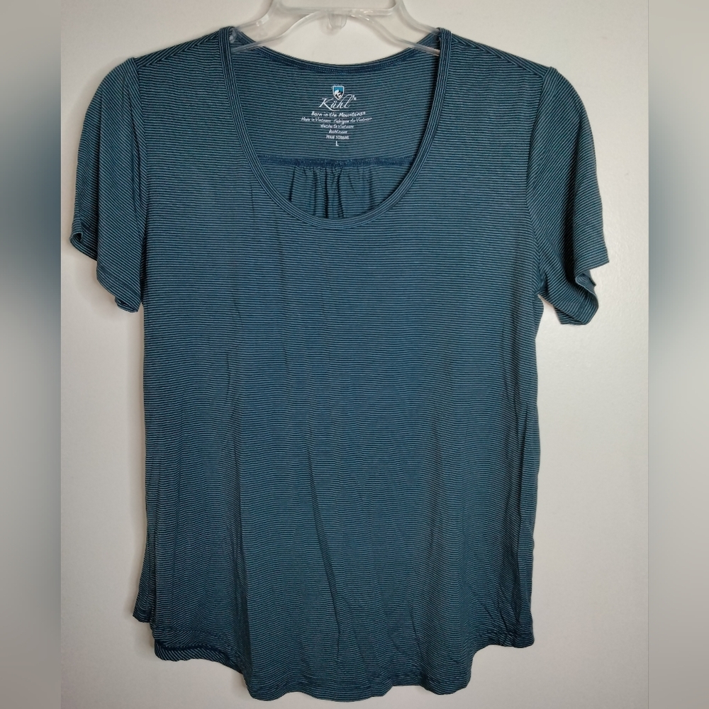 Kuhl (Size L) Blue Striped Stretch Scoop Neckline SS Outdoor Basic Layer T-shirt